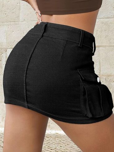Women Denim Cargo Skirt Low Waist Cargo Skirt for Women Y2K Mini Jean Skirt Buttons Cargo Skirt with Large Pockets in Saudi Arabia