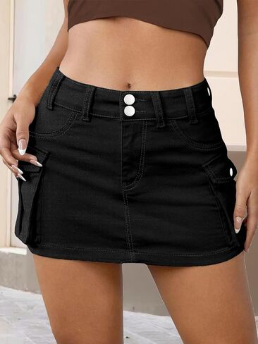 Women Denim Cargo Skirt Low Waist Cargo Skirt for Women Y2K Mini Jean Skirt Buttons Cargo Skirt with Large Pockets in Saudi Arabia
