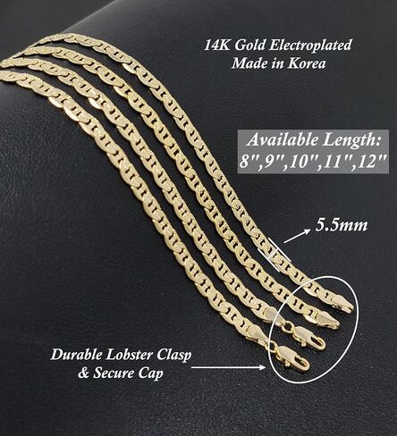 خلخال للنساء يناسب المقاسات الصغيرة إلى الكبيرة من 8 بوصة، 9 بوصة، 10 بوصة، 11 بوصة، 12 بوصة سلسلة مقعرة مطلية بالذهب عيار 14 قيراط سوار الكاحل - صنع في كوريا in Kuwait