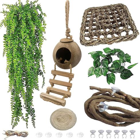 MUYG 5PCS Coconut Hut for Gecko, Lizard Coco Den with Ladder and Reptile Hammock Bearded Dragon Tank Accessories Climbing Hanging Plants Jungle Vine Flexible Reptile Leaves Decor in Saudi Arabia