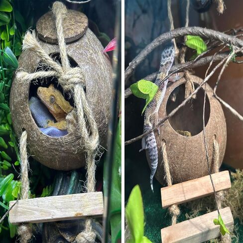 MUYG 5PCS Coconut Hut for Gecko, Lizard Coco Den with Ladder and Reptile Hammock Bearded Dragon Tank Accessories Climbing Hanging Plants Jungle Vine Flexible Reptile Leaves Decor in Saudi Arabia