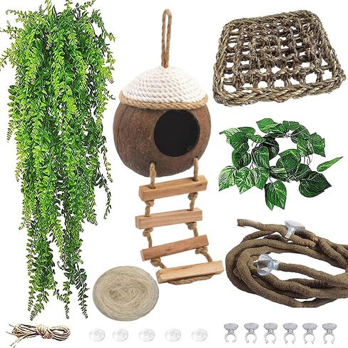 MUYG 5PCS Coconut Hut for Gecko, Lizard Coco Den with Ladder and Reptile Hammock Bearded Dragon Tank Accessories Climbing Hanging Plants Jungle Vine Flexible Reptile Leaves Decor in Saudi Arabia