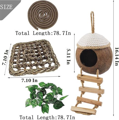 MUYG 5PCS Coconut Hut for Gecko, Lizard Coco Den with Ladder and Reptile Hammock Bearded Dragon Tank Accessories Climbing Hanging Plants Jungle Vine Flexible Reptile Leaves Decor in Saudi Arabia