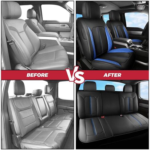 FREESOO لأغطية مقاعد Ford F150 2015-2024، F250 F350 F450 Crew Cab 2017-2024، أغطية مقاعد السيارة المقاومة للماء مجموعة كاملة، أغطية مقاعد جلدية فاخرة للسيارات والشاحنات بيك اب، ملحقات مقعد السيارة، أسود in Kuwait