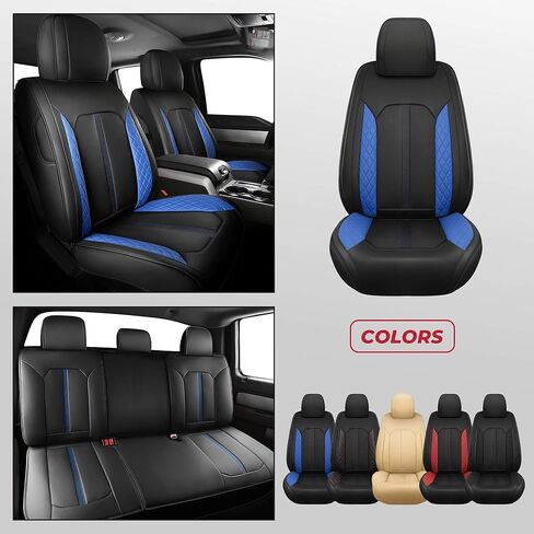FREESOO لأغطية مقاعد Ford F150 2015-2024، F250 F350 F450 Crew Cab 2017-2024، أغطية مقاعد السيارة المقاومة للماء مجموعة كاملة، أغطية مقاعد جلدية فاخرة للسيارات والشاحنات بيك اب، ملحقات مقعد السيارة، أسود in Kuwait