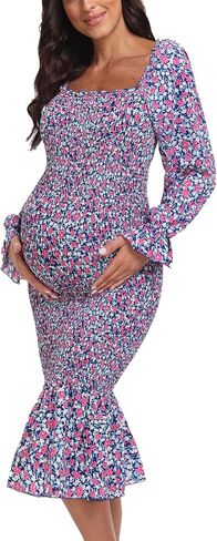 Maternity Summer Floral Midi Bodycon Dresses, Long Puff Sleeve Square Neck Ruffle Hem Mermaid Baby Shower Dress White XL in Kuwait