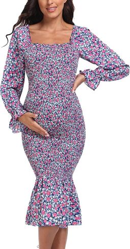 Maternity Summer Floral Midi Bodycon Dresses, Long Puff Sleeve Square Neck Ruffle Hem Mermaid Baby Shower Dress White XL in Kuwait