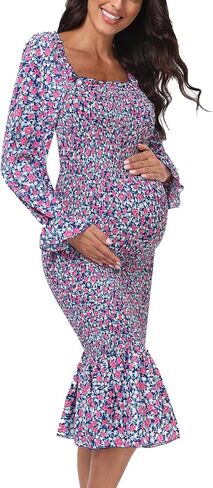 Maternity Summer Floral Midi Bodycon Dresses, Long Puff Sleeve Square Neck Ruffle Hem Mermaid Baby Shower Dress White XL in Kuwait