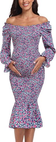 Maternity Summer Floral Midi Bodycon Dresses, Long Puff Sleeve Square Neck Ruffle Hem Mermaid Baby Shower Dress White XL in Kuwait
