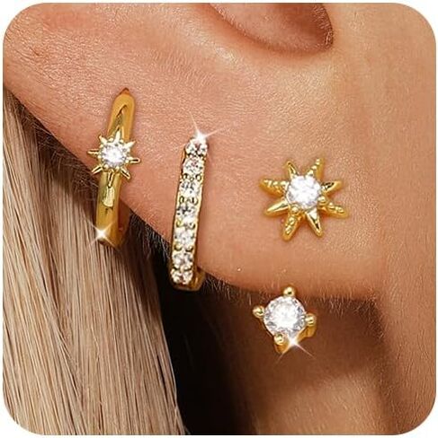 Angelady 3 Pairs Gold Hoop Earrings Set for Women, 14K Small Huggie Earrings for Multiple Piercing Hypoallergenic Earring Stacks Trendy Jewelry, Dainty Sun Flower Cartilage Earrings for Women's Gifts in Saudi Arabia