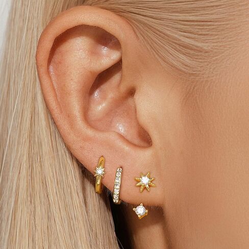 Angelady 3 أزواج من الأقراط الذهبية للنساء، 14 قيراط أقراط هوجي صغيرة لثقب متعدد لا يسبب الحساسية، مجوهرات عصرية، أقراط غضروف زهرة الشمس الرائعة للهدايا النسائية in Kuwait