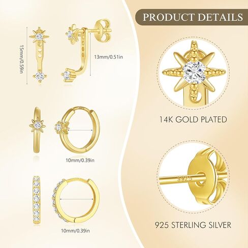 Angelady 3 أزواج من الأقراط الذهبية للنساء، 14 قيراط أقراط هوجي صغيرة لثقب متعدد لا يسبب الحساسية، مجوهرات عصرية، أقراط غضروف زهرة الشمس الرائعة للهدايا النسائية in Kuwait