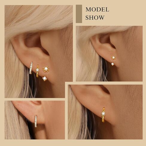 Angelady 3 أزواج من الأقراط الذهبية للنساء، 14 قيراط أقراط هوجي صغيرة لثقب متعدد لا يسبب الحساسية، مجوهرات عصرية، أقراط غضروف زهرة الشمس الرائعة للهدايا النسائية in Kuwait