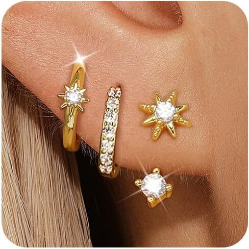 Angelady 3 أزواج من الأقراط الذهبية للنساء، 14 قيراط أقراط هوجي صغيرة لثقب متعدد لا يسبب الحساسية، مجوهرات عصرية، أقراط غضروف زهرة الشمس الرائعة للهدايا النسائية in Kuwait