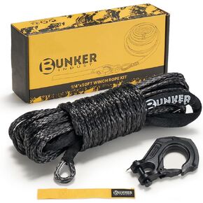 BUNKER INDUST 1/4" x 50' Synthetic Winch Rope Kit,11023LBS Winch Line with Protective Sleeve + Forged Winch Hook + Strap, Nylon Winch Cable Replacement for 3500-6000LBS Winch Off-Road ATV UTV