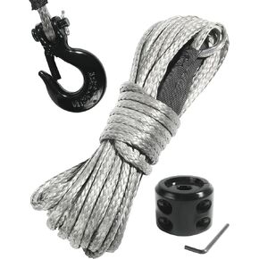 Synthetic Winch Rope Kit,3/16 Inch x 50 Feet 8,350LBs Synthetic Winch Rope ATV Winch Line Cable Rope with Steel Hook Rubber Stopper Protecting Sleeve/Sheath and Thimble