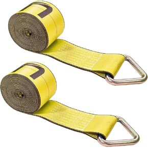 US Cargo Control 4 Inch Winch Strap with D-Ring Fitting, 30 Feet Long, Heavy Duty Trailer Winch Strap for Safe Cargo Securement, Zinc-Coated D-Ring for Easy Attachment, Yellow, 2-Pack