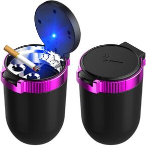 Car Ashtray with Lid, Detachable Stainless Smokeless Auto Ashtray, Portable Mini Vehicle Trash Can with LED Blue Light, Universal Interior Accessories for Cup Holder (Blue, 1 PC)