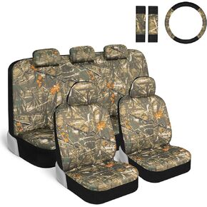 BDK Mossy Oak Camo Car Seat Covers - Full Set with Steering Wheel Cover & Seat Belt Pads - Forest Camouflage Pattern for Cars, Trucks & SUVs