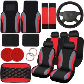 Fabbay 21 Pcs Car Seat Covers Full Set Car Floor Mats Steering Wheel Cover Armrest Cover Seat Belt Pad Seatbelt Covers Cup Mats Car Emblem Ring Sticker for Sedans Trucks SUV (Black, Blue)