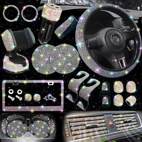 NBTEPEM 27 PCs Bling Car Accessories Set for Women, Bling Steering Wheel Covers Universal Fit 15 Inch, License Plate Frame, Phone Holder, Car Coasters (Pink Diamond)