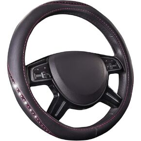 CAR PASS Bling Diamond Black Leather Steering Wheel Cover, Studded Crystal Rhinestones Universal Fit 14" 1/2-15" Glitter for Women Sparkle Girl Fit Suvs,Vans,Sedans,Car,Trucks, Silver Diamond