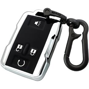 for GMC Key fob Cover case with Keychain,Soft TPU Key Shell/Skin,4-Buttons fit Chevy Colorado Silverado Suburban Tahoe Silverado Remote Key Vehicle Accessories(Black Silver)