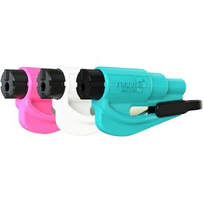 resqme Family Pack of 3 The Original Emergency Keychain Car Escape Tool, 2-in-1 Seatbelt Cutter and Window Breaker, Made in USA, Pink, White, Teal - Compact Emergency Hammer