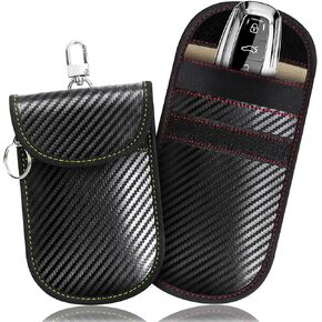 Rivemon Faraday Bags for Key Fob(2pack), Faraday Key Fob Protector With Premium Rfid Signal Blocking Material Faraday Pouch, Anti-theft Car Key Case Manba Green stitching (Carbon Fiber texture)