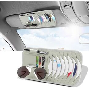 Car CD Holder, Gray Leather DVD Vehicle Visor Storage Organizer, Large Capacity Grey CD Visor Case with 8 Sleeves, 3 Car Holders, 1 Pen Holder and 1 Sunglass Holder