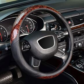 KAFEEK Small Size 14 inch Wood Grain Steering Wheel Cover, Black Microfiber Leather, Compatible for Prius Civic 14-14.25 inch Steering Wheel