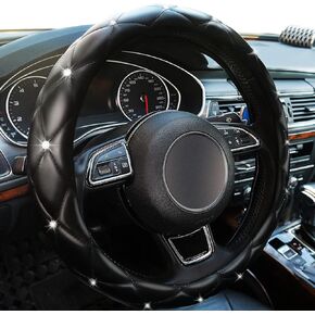 Xizopucy Red Steering Wheel Cover, Leather Car Steering Wheel Cover, Crystal Rhinestones Anti-Slip Soft Accessories for Women and Girl Universal Fit 14.5-15 Inch