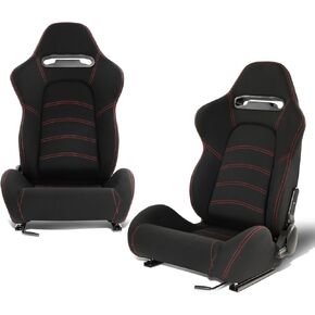 DNA MOTORING Universal Reclinable Racing Seats with Bottom Mount Sliders,21.5" W X 21.5" D X 35" H,Black/Red,RS-JBR-005-BK-RD