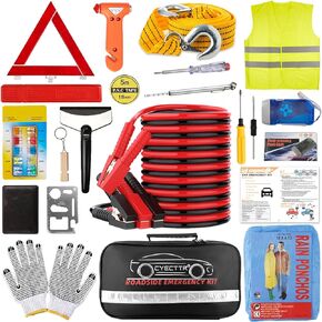 CYECTTR Car Roadside Emergency Kit,Auto Vehicle Truck Safety Emergency Road Side Assistance Kits with Jumper Cables,Safety Hammer,Reflective Warning Triangle,Tire Pressure Gauge,Tow Rope,etc in Kuwait