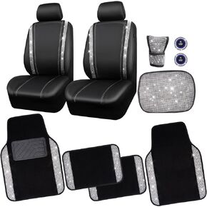 CAR PASS Black Bling Diamonds Car Seat Covers Sets Black Leather Shining Rhinestone Car Floor Mats Carpet with Anti-Slip Nibs Black Bling Car Accessories Sets Glitter Crystal Universal for Girl Women