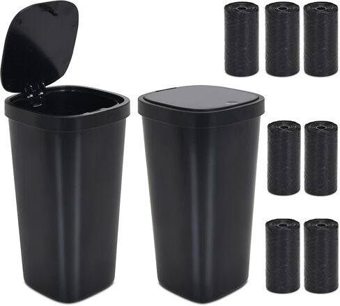 سلة المهملات البلاستيكية السوداء CZWL&HG مع زر ضغط مفتوح، تصميم جسم الكوب 3.4x3.4x6.4 بوصة، تأتي مع 140 كيس قمامة عالي الجودة in Kuwait