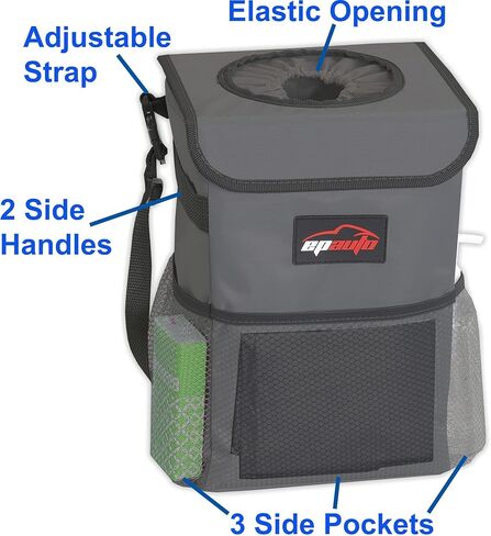EPAuto Waterproof Car Trash Can with Lid and Storage Pockets, Black in Kuwait