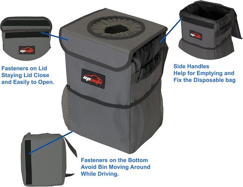 EPAuto Waterproof Car Trash Can with Lid and Storage Pockets, Black in Kuwait