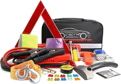 CYECTTR Car Roadside Emergency Kit,Auto Vehicle Truck Safety Emergency Road Side Assistance Kits with Jumper Cables,Safety Hammer,Reflective Warning Triangle,Tire Pressure Gauge,Tow Rope,etc in Kuwait
