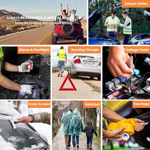 CYECTTR Car Roadside Emergency Kit,Auto Vehicle Truck Safety Emergency Road Side Assistance Kits with Jumper Cables,Safety Hammer,Reflective Warning Triangle,Tire Pressure Gauge,Tow Rope,etc in Kuwait
