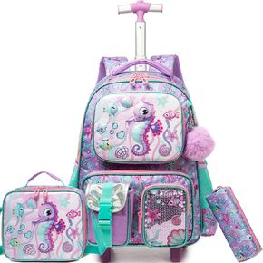 Rolling Backpack for Girls Rolling Backpack Kids Trolley School Bag with Wheels Rolling Backpack for Kids 8-12 Girls with Lunch Box Rolling Backpack for School