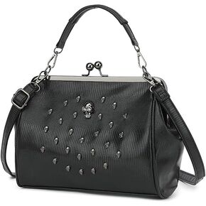 Women Vintage Hollow Handbag Oil Leather Kiss Lock Rivet Skull Shoulder Crossbody Bag Evening Clutch Satchel Purse