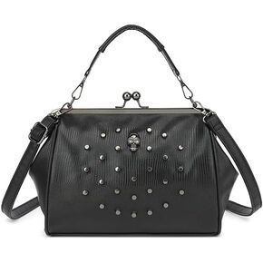 Women Vintage Hollow Handbag Oil Leather Kiss Lock Rivet Skull Shoulder Crossbody Bag Evening Clutch Satchel Purse