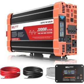 BELTTT 2000W Pure Sine Wave Inverter, Car Power Inverter 12V to 120V AC Converter for RV, Truck, Solar, Outdoor with Dual AC and 20A Socket, 5V 2.1A USB, Surge 4000W, Hardwire Port, Remote Controller