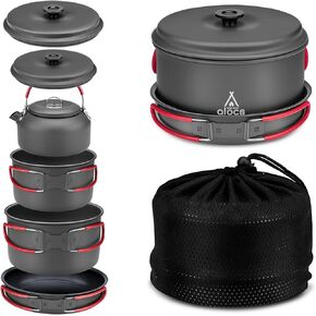 ALOCS Camping Cookware Set,Durable Aluminum Camping Cooking Set, Compact Camping Pots and Pans Set with Kettle, Non-Stick Camping Pan Camping Essentials for Outdoor Cooking, Hiking, and Picnics.