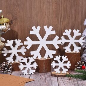 Winter Snowflake Decorations, 5PCS Christmas Decor White Standing Wooden Snowflakes Decoration Snow Flakes Ornament with 3 Different Size for Farmhouse Home Kitchen Office Living Room (5 PCS)