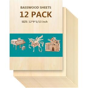 12 Pack Basswood Sheets 9"x12"x1/13, 2mm Basswood for Laser Cutting, Thin Plywood Unfinished Wood Pieces for Crafts, DIY Architectural Models Making, Wood Engraving, Wood Burning (12x9inX2mmX12pcs)