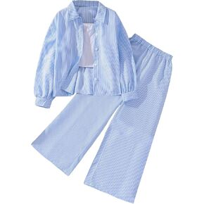 MakeMeChic Girl's 2 Piece Outfit Striped Long Sleeve Button Down Shirts and Elastic Waist Pants Set
