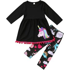 Toddler Kids Girl Fall Winter Outfit Ruffle Long Sleeve Tunic Top Dress+Cartoon Print Pants 2 Piece Clothes Set