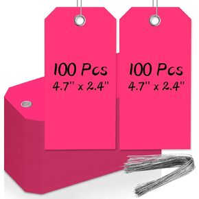 100 PCS 4 3/4" x 2 3/8" Neon Color Shipping Tags with Wire Blank Heavy Duty Hang Tags with Reinforcement Holes Writable Luggage Tag with String Marking Tags (Neon Pink, 4 3/4" x 2 3/8")
